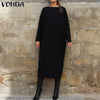 VONDA Women Autumn Solid Long Dress O Neck Long Sleeve Shirt Dress Elegant Vestido Midi Robe Femme Casual Party Sundress