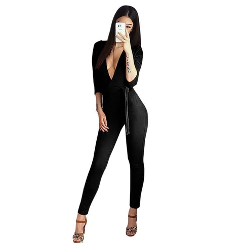casual fashion overalls deep v neck suede belt bodycon jumpsuit romper Bodie Autumn fitness women party jumpsuits