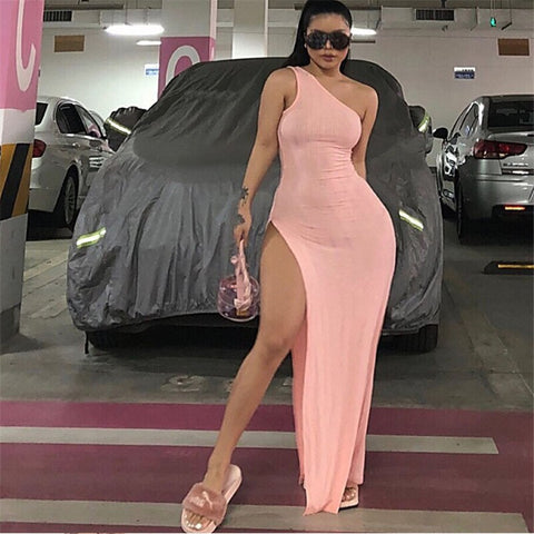 Vacation Snug Bodycon Vestidos Pink Leopard One Shoulder High Split Summer Ribbed Dress Women Slim Fitness Sexy Maxi Clothes