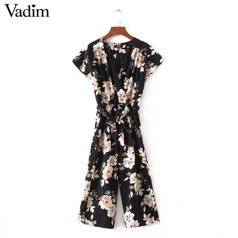 V neck vintage floral wrap jumpsuits wide leg pants bow tie sashes elastic waist rompers short sleeve casual playsuits