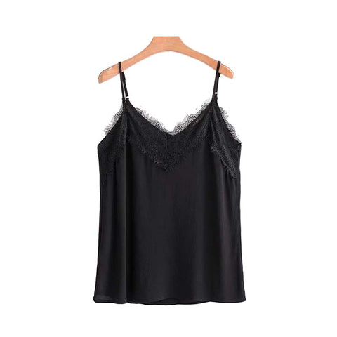 basic V neck lace patchwork camis tops sleeveless shirt adjustable straps blouse female spring black brand tops WT524