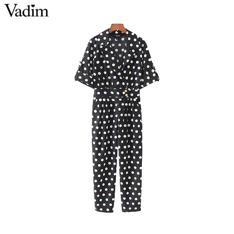 cute polka dots V neck jumpsuits pockets half sleeve pleated rompers playsuits vintage female fashion casual pants KZ1177