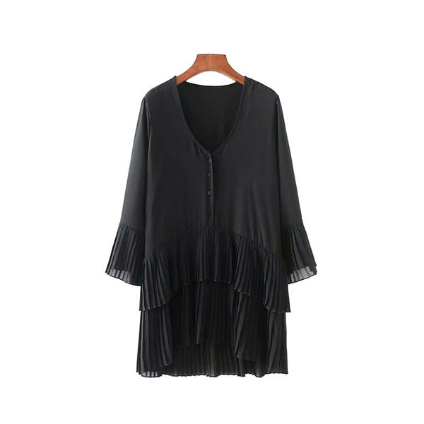 elegant V neck pleated long chiffon blouse long style long sleeve sweet shirts ladies casual chic tops blusas LA178