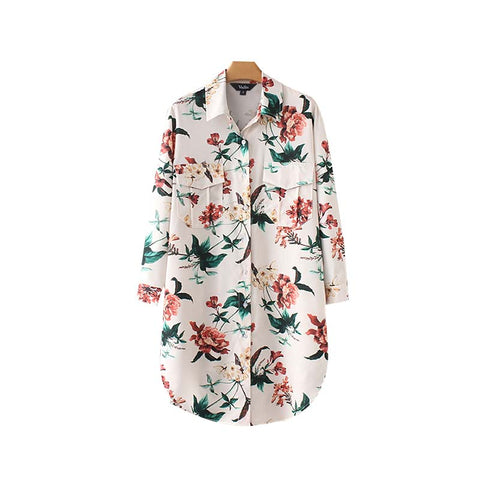 floral print oversized long blouse pockets long sleeve turn down collar split shirt female loose casual tops blusas LA159