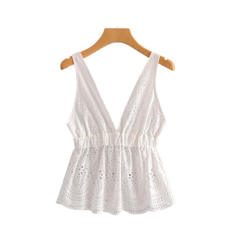 hollow out floral embroidery camis blouse sexy sleeveless backless pleated shirts white ladies summer casual tops WA026