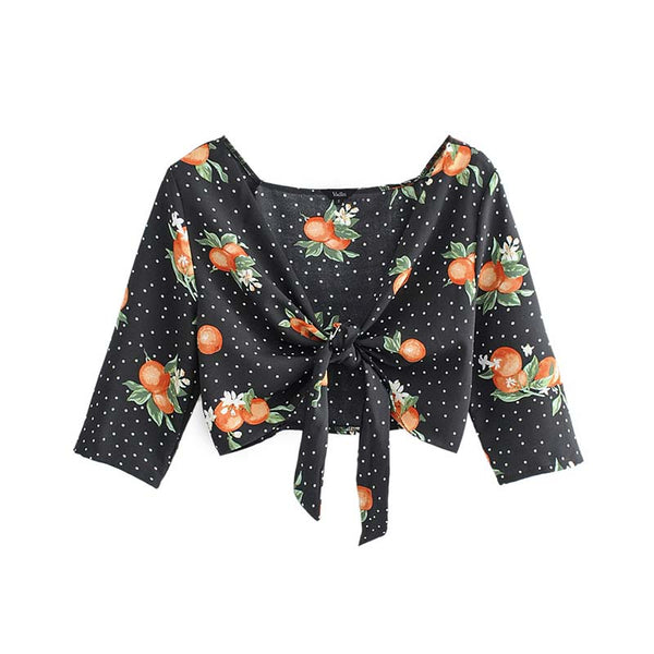 sexy V neck fruit dot print crop tops bow tie pleated half sleeve short style shirts ladies casual blouses blusa DA165