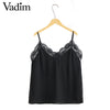 sexy V neck lace patchwork camis blouse with lining sleeveless backless shirt ladies black chic tank tops WT387