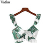 sexy V neck leaves pattern crop tops blouses bow tie back zipper staps sleeveless shirt female summer chic blusas WA093