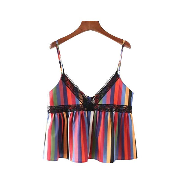 sexy lace patchwork color striped crop tops V neck adjustable straps camis sleeveless shirts ladies casual blusas WT532