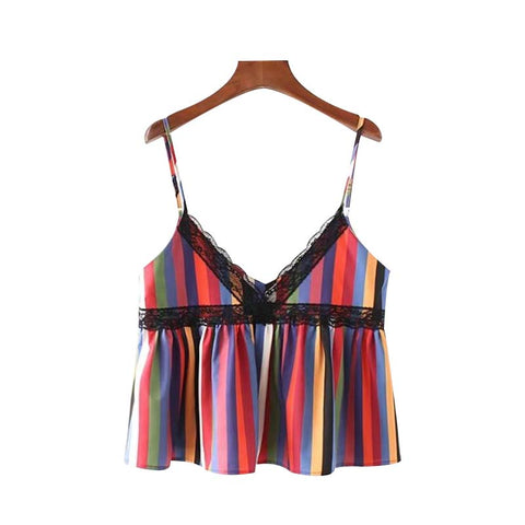 sexy lace patchwork color striped crop tops V neck adjustable straps camis sleeveless shirts ladies casual blusas WT532