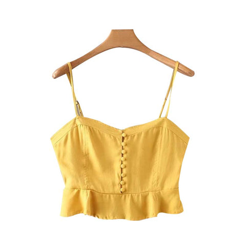 sexy ruffled yellow crop tops short style stretchy camis adjustable staps buttons sleeveless female blouse blusas WA007