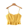 sexy ruffled yellow crop tops short style stretchy camis adjustable staps buttons sleeveless female blouse blusas WA007