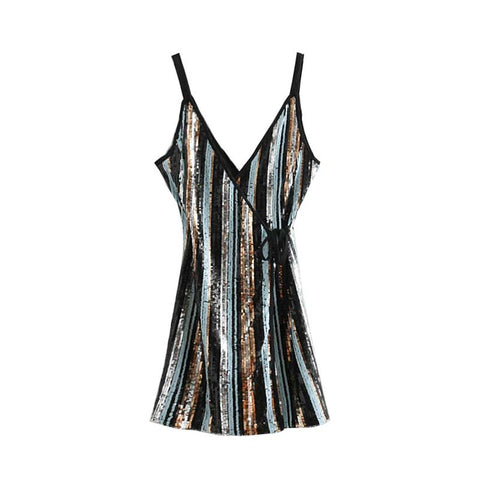 sexy sequied striped wrap dress cross V neck sleeveless spaghetti straps bow tie female chic mini dresses Vestidos QA174