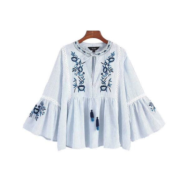 sweet floral embroidery striped blouse tassel tie flare sleeve pleated shirts lace patchwork female casual tops LA157