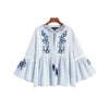 sweet floral embroidery striped blouse tassel tie flare sleeve pleated shirts lace patchwork female casual tops LA157