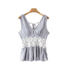 sweet lace patchwork striped blouse back tassel tie sleeveless pleated shirts summer ladies casual tops blusas WA116