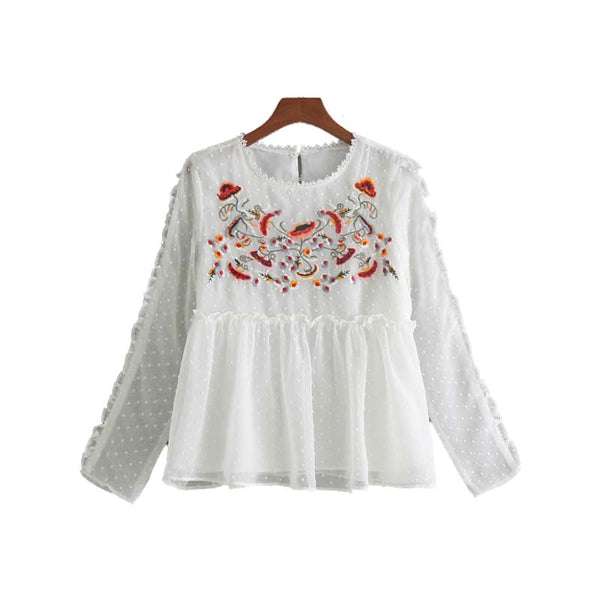 sweet ruffles floral embroidery chiffon blouse long sleeve O neck pleated shirts ladies casual chic tops blusas LA176