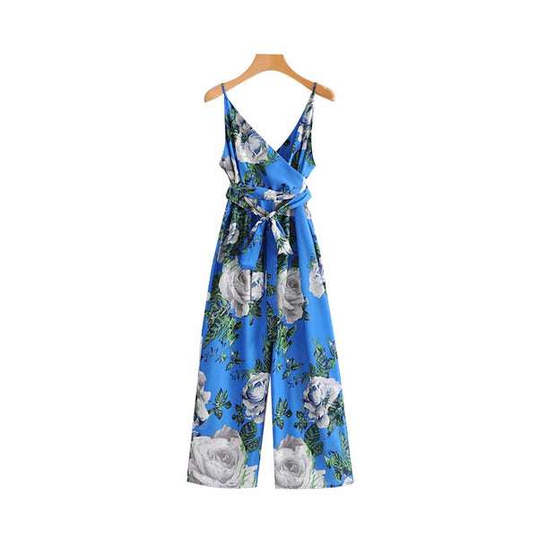vintage V neck floral jumpsuits bow tie sashes adjustable straps rompers ladies sleeveless spring chic playsuits KZ1205