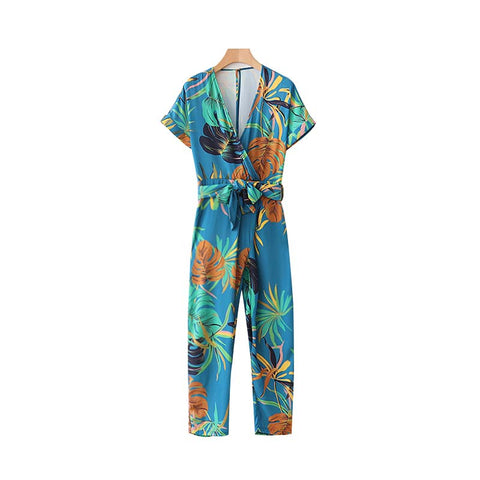 vintage floral V neck jumpsuits bow tie sashes short sleeve pleated fashion rompers ladies summer casual playsuits KA035
