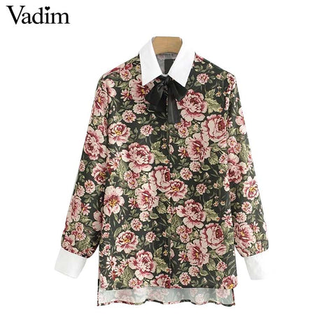 vintage floral pattern bow tie neck blouse cute side split long sleeve shirts chic retro female casual tops blusas