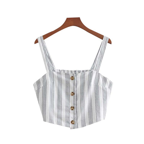 vintage striped crop tops blouse short style camis buttons staps sleeveless shirts female summer chic blusas WA030