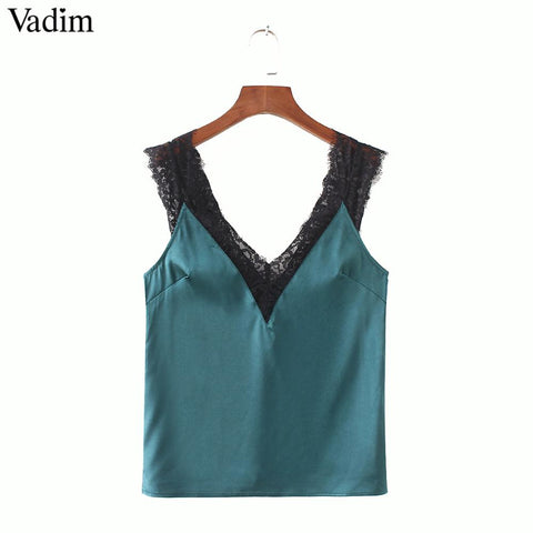 women Lace Trim Double V Neck Satin Silk Top Sexy Tops Fitness Tank Top Green Elegant Workwear ZC079
