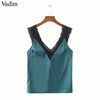 women Lace Trim Double V Neck Satin Silk Top Sexy Tops Fitness Tank Top Green Elegant Workwear ZC079
