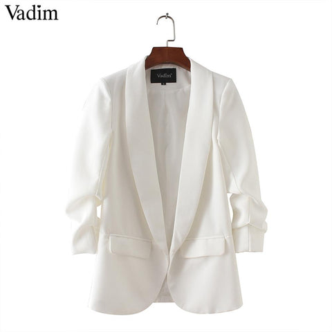women basic office lady blazers gathered three quarter sleeves notched collor pockets female business wear casual tops
