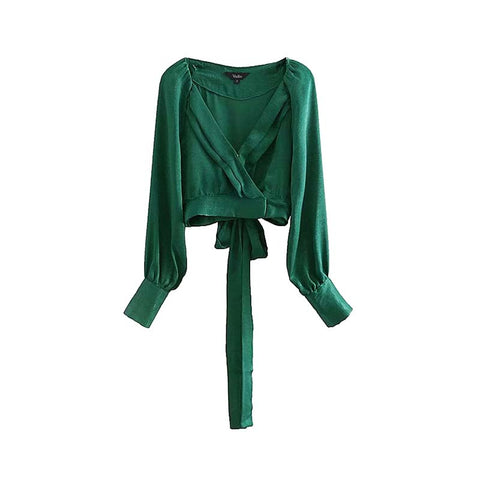 women cross V neck crop tops bow tie lantern sleeve short style blouses solid female retro casual shirts blusas LA182