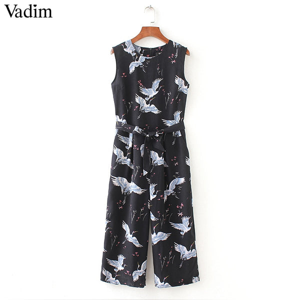 women cute crane print jumpsuit sashes pockets sleeveless pleated rompers ladies vintage casual jumpsuits KZ1016