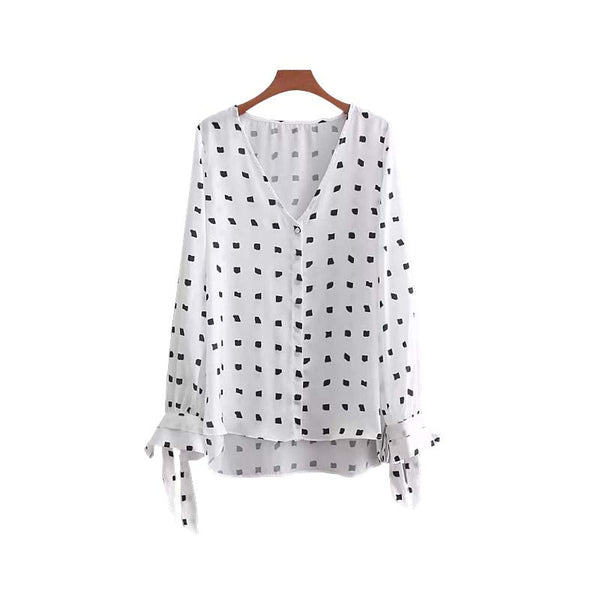 women elegant geometric print blouse V neck bow tie long sleeve shirts female summer casual wear chic tops blusas LA171