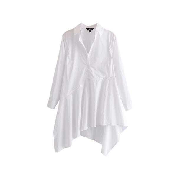 women elegant irregular long blouse pleated asymmetrical design long sleeve shirts ladies white casual tops blusas LA192