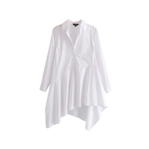 women elegant irregular long blouse pleated asymmetrical design long sleeve shirts ladies white casual tops blusas LA192