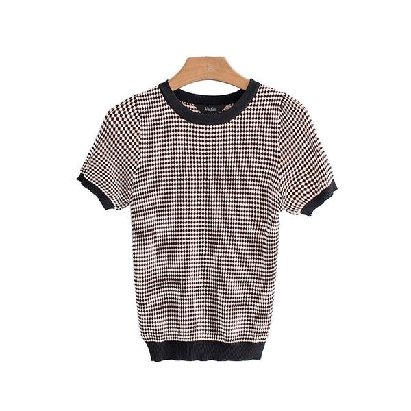women elegant plaid knitted blouse short sleeve O neck stretchy basic shirt female casual summer tops blusas mujer DA169