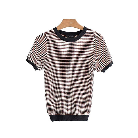 women elegant plaid knitted blouse short sleeve O neck stretchy basic shirt female casual summer tops blusas mujer DA169