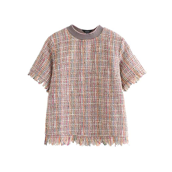 women elegant plaid tweed blouse fringe tassels short sleeve O neck shirts female casual chic tops blusas mujer DA160