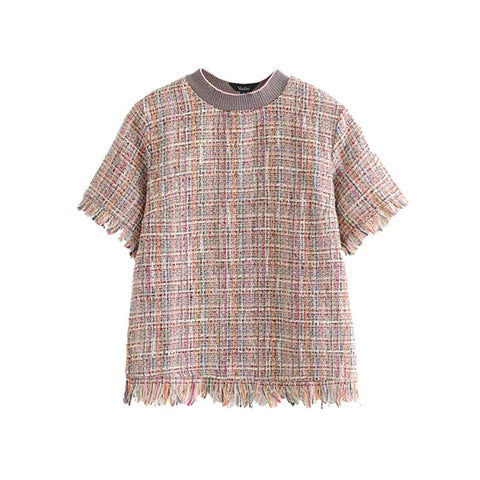 women elegant plaid tweed blouse fringe tassels short sleeve O neck shirts female casual chic tops blusas mujer DA160