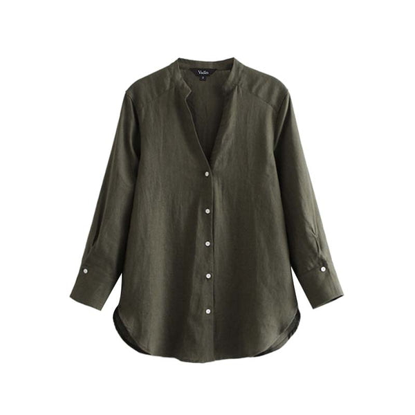women elegant solid linen blouse V neck long sleeve pleated shirts ladies office wear basic casual tops blusas LA191