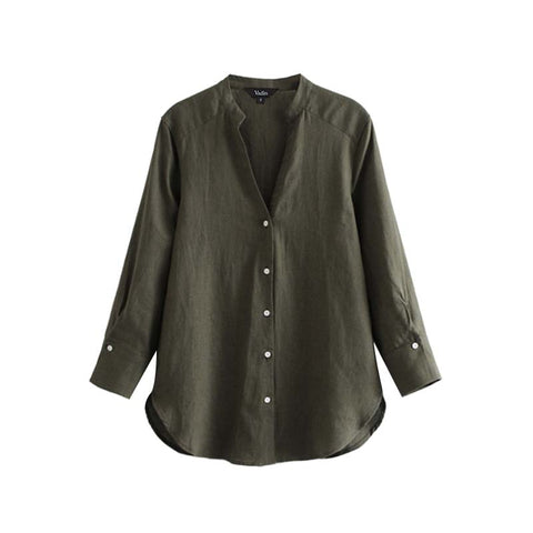 women elegant solid linen blouse V neck long sleeve pleated shirts ladies office wear basic casual tops blusas LA191