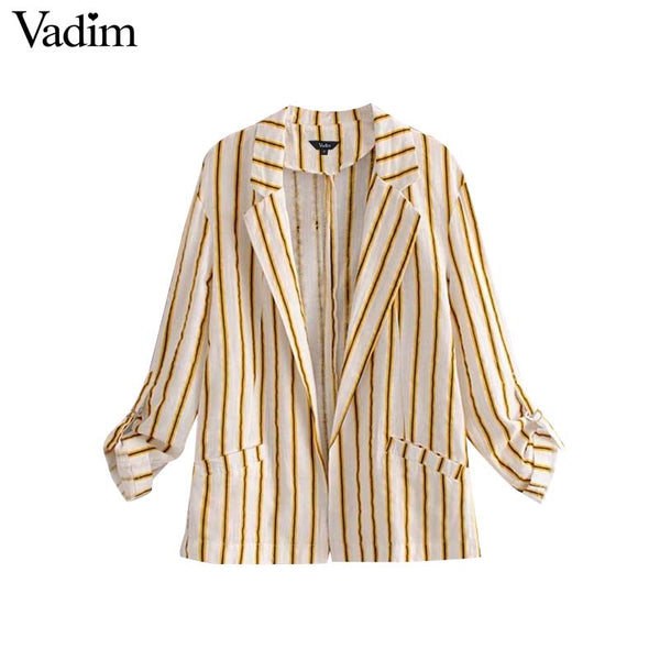women elegant striped blazer side split Notched collar long sleeve coat casual outerwear casaco feminine tops CA011