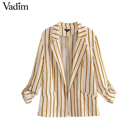 women elegant striped blazer side split Notched collar long sleeve coat casual outerwear casaco feminine tops CA011