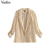 women elegant striped blazer side split Notched collar long sleeve coat casual outerwear casaco feminine tops CA011