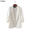 women elegant white black green blazer crimping three quarter sleeve outerwear notched pocket office casual tops CT1504