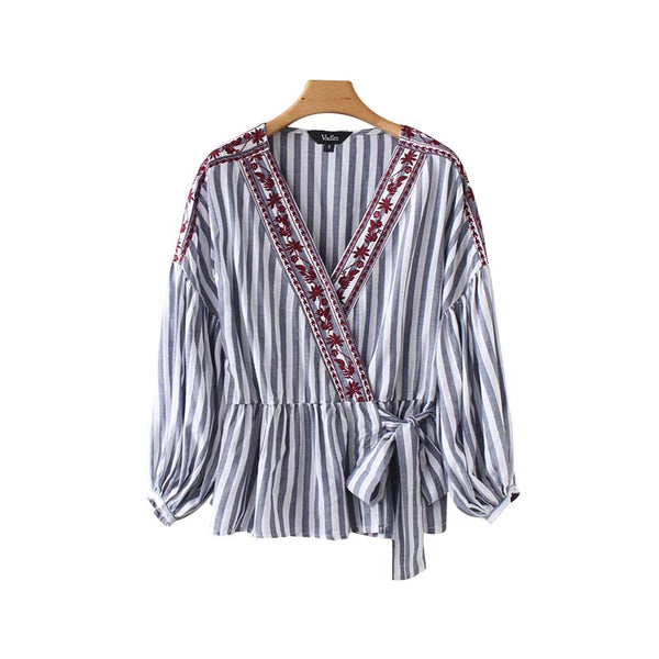 women fashion striped blouse cross V neck floral embroidery bow tie sashes kimono shirts female retro tops blusas LA180
