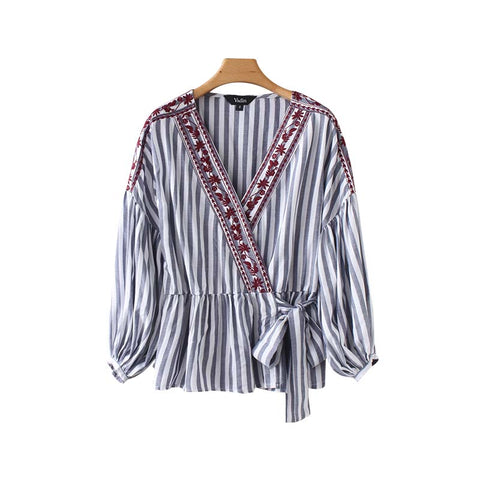women fashion striped blouse cross V neck floral embroidery bow tie sashes kimono shirts female retro tops blusas LA180