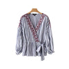 women fashion striped blouse cross V neck floral embroidery bow tie sashes kimono shirts female retro tops blusas LA180