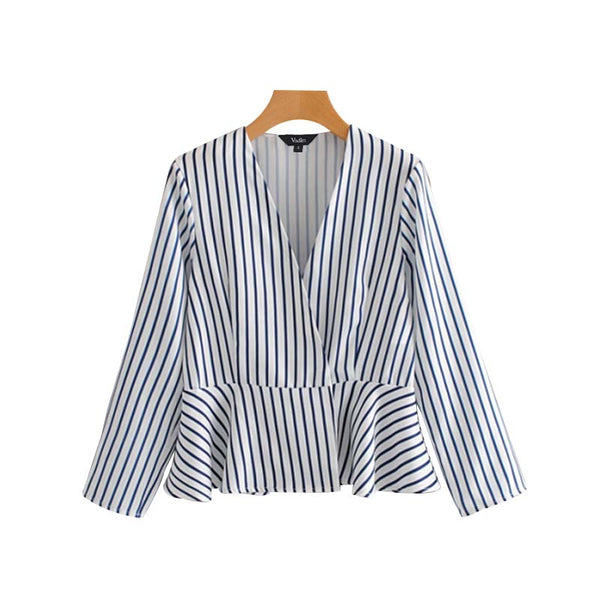 women fashion striped blouses cross V neck long sleeve pleated shirts ladies summer cute casual wear tops blusas LA186