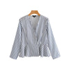 women fashion striped blouses cross V neck long sleeve pleated shirts ladies summer cute casual wear tops blusas LA186