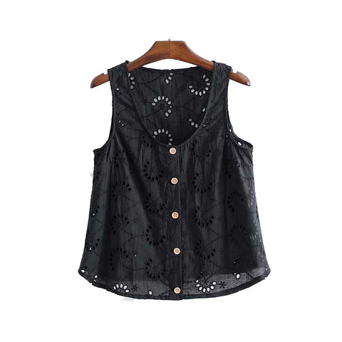 women hollow out embroidery blouse buttons sleeveless Eyelet shirts summer ladies casual black white tops blusas WA109