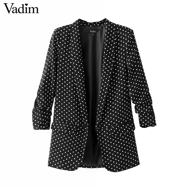 women polka dot blazer padded shoulder Notched collar long sleeve coat casual outerwear casaco feminine tops CT1484